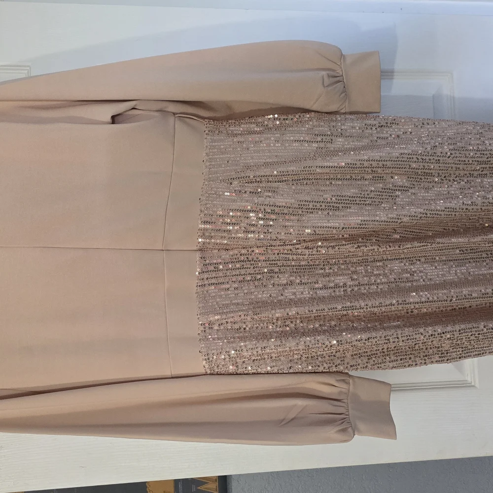 Elegant Beige and Gold Sequin Wrap Dress - Picture 3 of 3